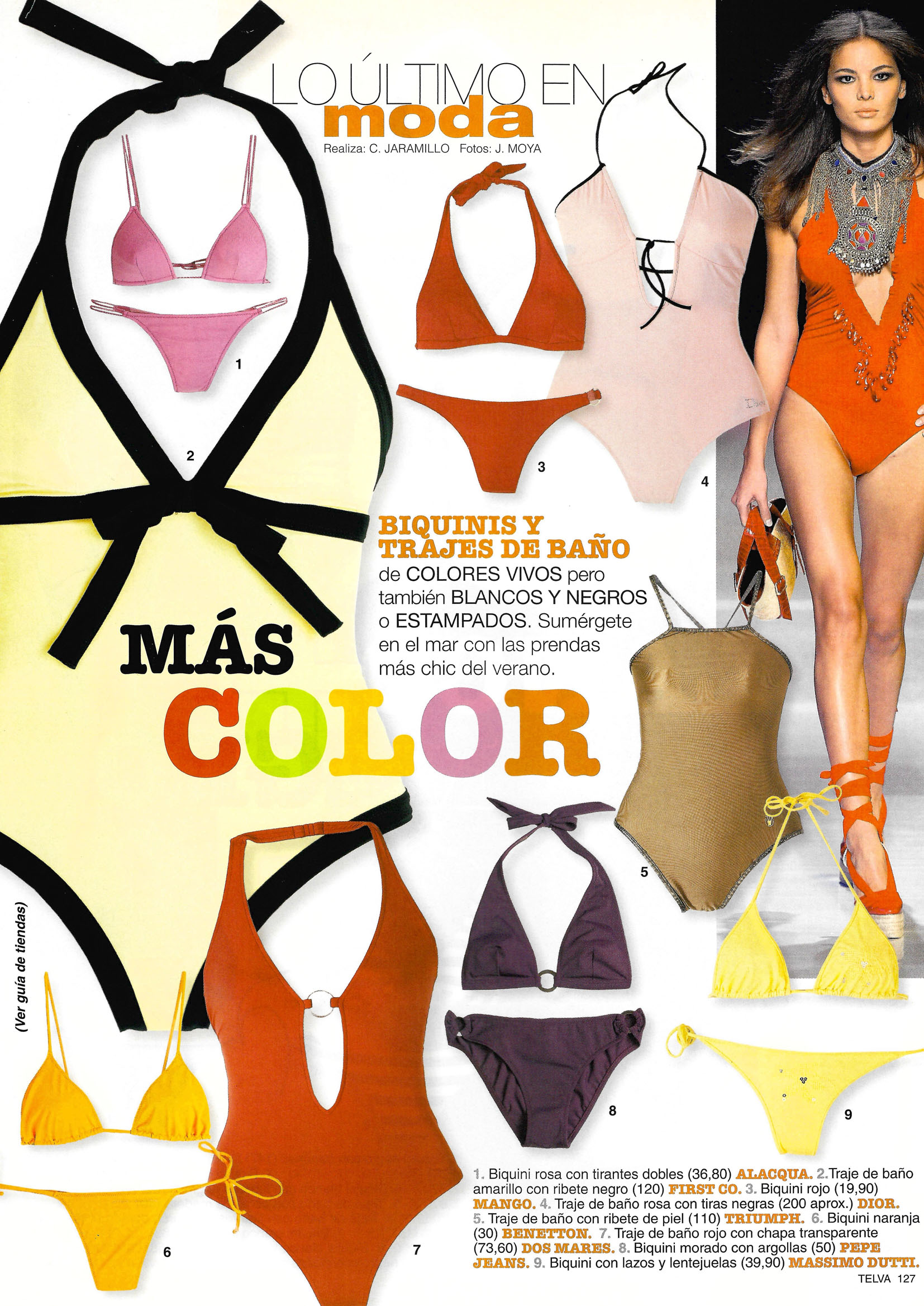 Summer fashion editorial featuring bikini trends and floral patterns styled by Cuca Jaramillo for Telva Magazine.