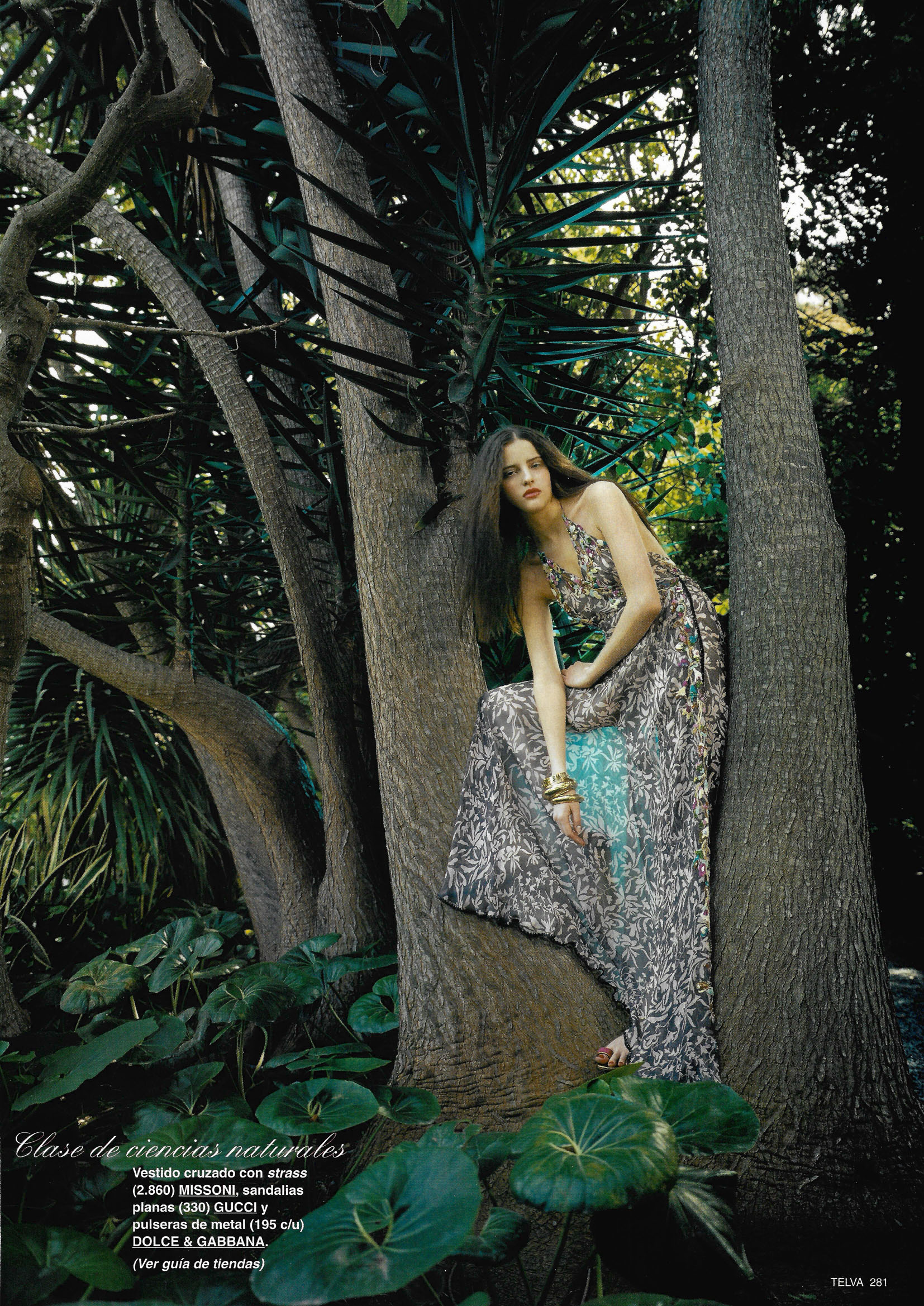 On-location fashion styling by Cuca Jaramillo for Wild Purity, showcasing a Missoni dress and botanical narrative in a lush forest setting.