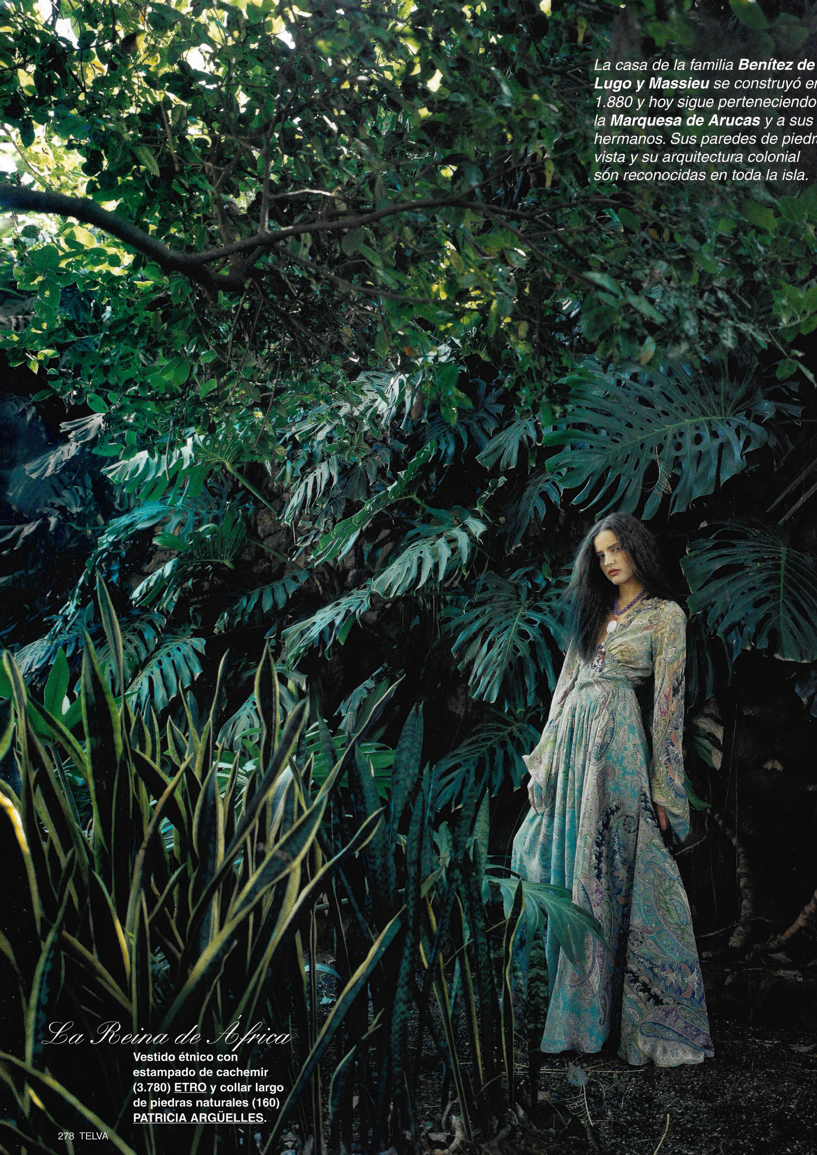 Exotic campaign styling by Cuca Jaramillo for Wild Purity, featuring an Etro paisley dress and tropical landscape art direction.