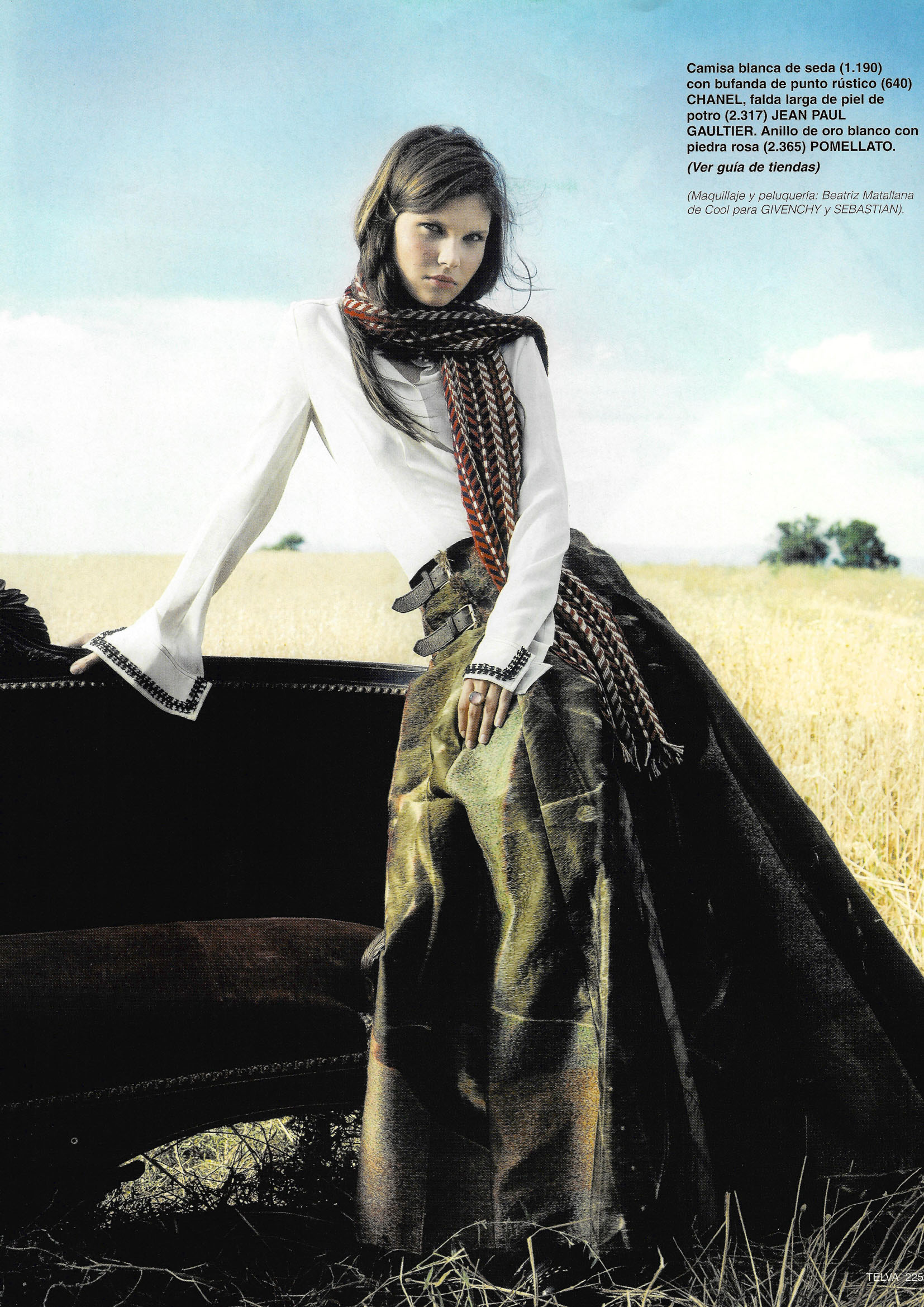 On-location fashion editorial styling by Cuca Jaramillo for the Heritage Elegance series, featuring rural landscape and sophisticated wardrobe curation.